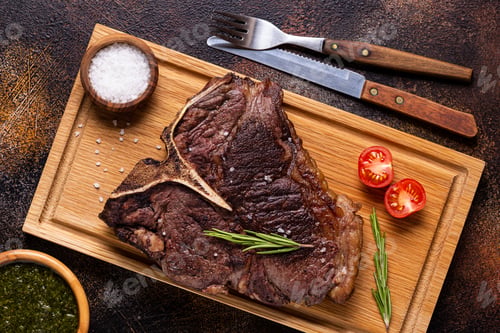 Preview: Grilled beef steak with spices on a wooden board