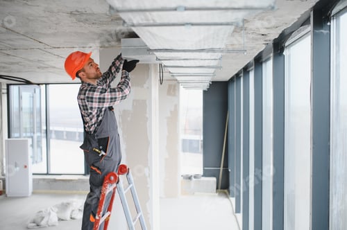 Preview: Construction worker installing ventilation system in building