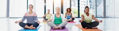 Preview: Yoga class, lotus and women in meditation together for fitness, natural exercise and morning balanc