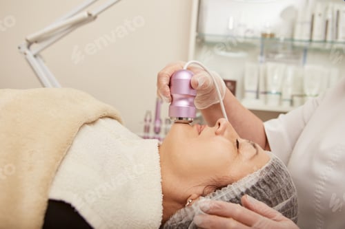 Preview: Beautician hand massaging woman chin with cryotherapy massager