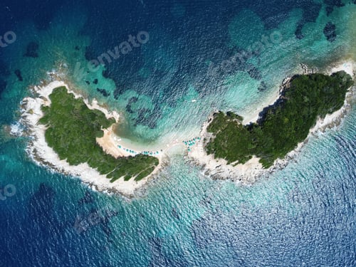 Preview: Aerial view of green tropical Ksamil islands surrounded by Mediterranean sea water, Albanian Riviera