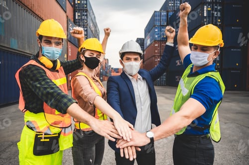 Preview: logistic worker teamwork and partner of foreman, engineer, and businessman working on container yard