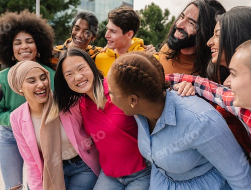 Preview: multiethnic group celebrating friendship and equality together while taking a selfie