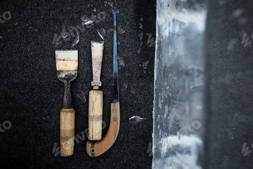 Preview: Top view of Ice tools next to an ice block outdoors