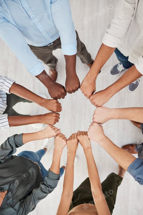 Preview: Team building, fist and hands in support of motivation circle by colleagues show community, trust a