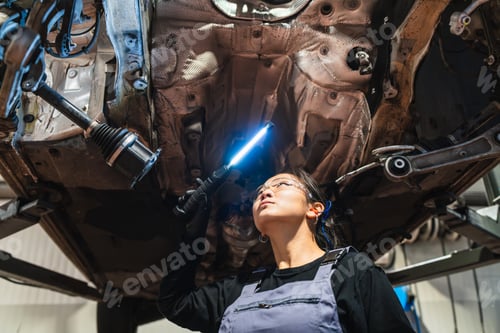 Preview: Female chinese mechanic inspecting car undercarriage with light in repair shop