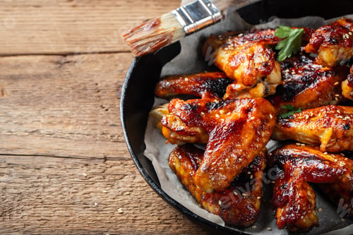 Preview: Baked chicken wings in barbecue sauce in a cast iron pan on an old wooden rustic table