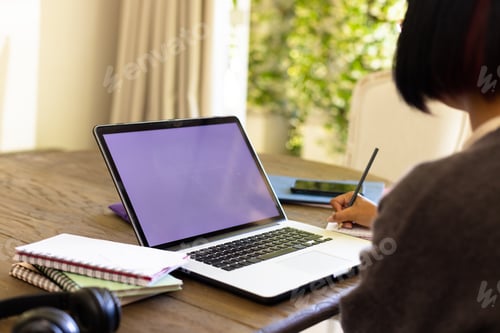 Preview: Focused biracial woman sitting at table and using laptop with copy space in living room