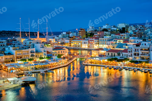 Preview: Beautiful Agios Nikolaos town at night. Lasithi region of Crete island, Greece