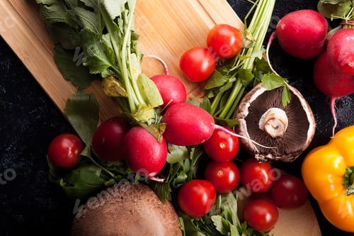 Preview: Close up image of different delicious fresh and healthy vegetabl