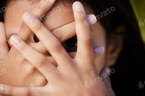 Preview: Woman, eye and face cover closeup with hiding and secret in nature with female person. Model, hands
