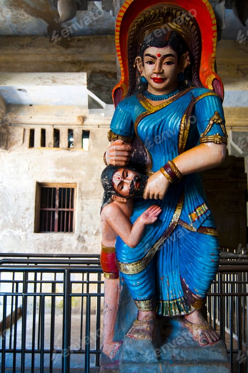 Preview: Spiritual stone statue of hindu god in ancient temple, India.