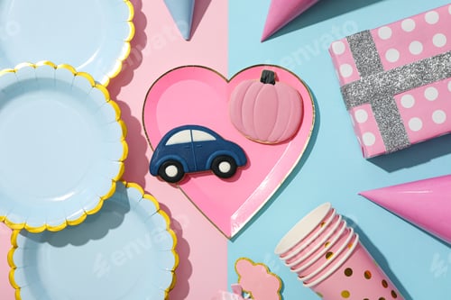 Preview: Gift box, paper tableware and cookies on blue and pink background, top view