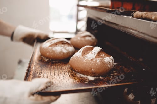 Preview: Baker pulls out of the oven a baking sheet the baking tray with newly-baked bread in the bakery