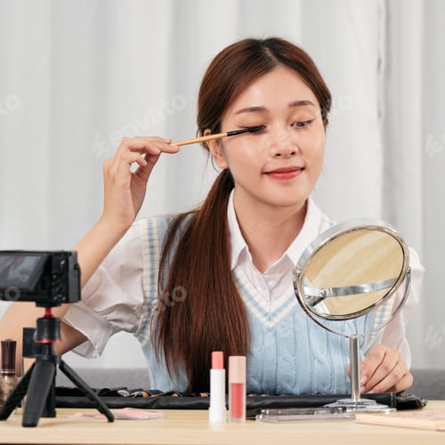 Preview: Young beauty influencer is using mascara product to testing and