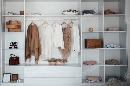 Preview: Clothes in a White Wardrobe Organized by Color