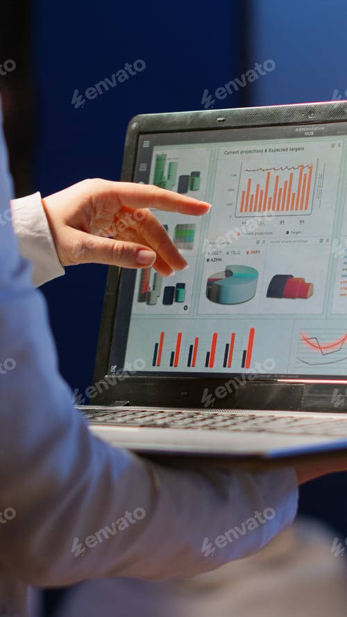 Preview: Back view of business woman analysing financial statistics holding laptop