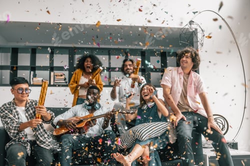 Preview: Lively, diverse friend reunion. Laughter, stories, bonding, music, dance, joyful atmosphere.