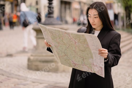 Preview: Portrait young asian woman tourist in casual clothes on old city street in europe