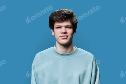 Preview: Headshot portrait of young male in casual sweatshirt, on blue background