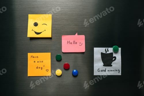 Preview: notes with wishes and magnets hanging on fridge