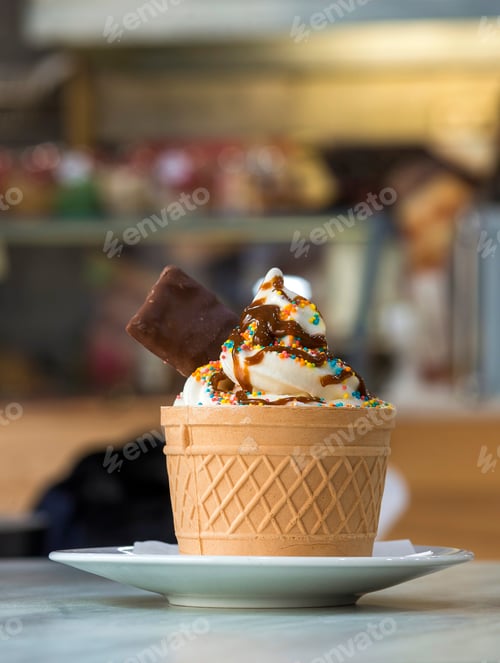Preview: White plate with ice cream dessert in wafer cup with chocolate cookies