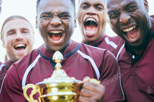 Preview: Rugby trophy, sports team portrait and excited scream for teamwork, achievement or winning game, ma
