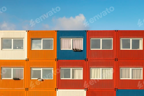 Preview: Residential building with temporary container homes for students or refugees against the blu