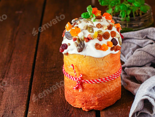 Preview: Easter Cake Traditional Holiday Composition Happy Easter, Menu Concept. Food Background. Top View