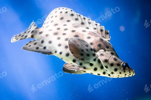 Preview: A spotted leopard fish Cromileptes altivelis swims in blue water among reefs.