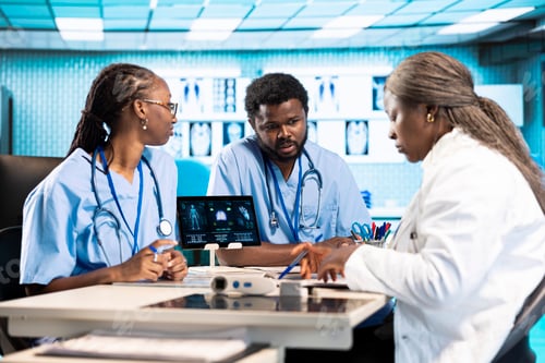 Preview: African american medical staff preparing before a consultation in an office