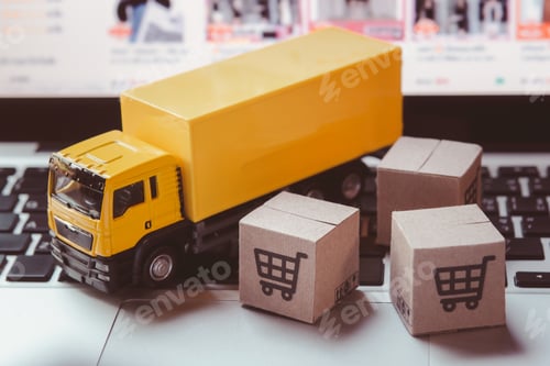Preview: Logistics, and delivery service - Truck and paper cartons or parcel with a shopping cart logo