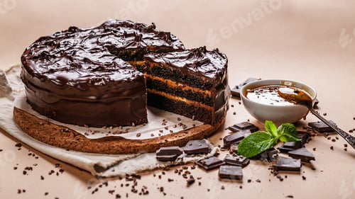 Preview: Food banner. Chocolate cake with salted caramel on a beige background