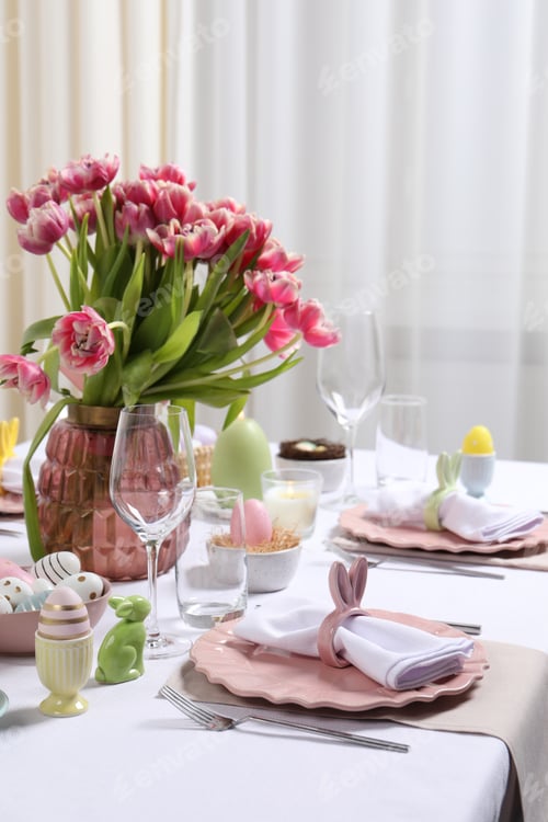 Preview: Festive table setting with beautiful flowers. Easter celebration