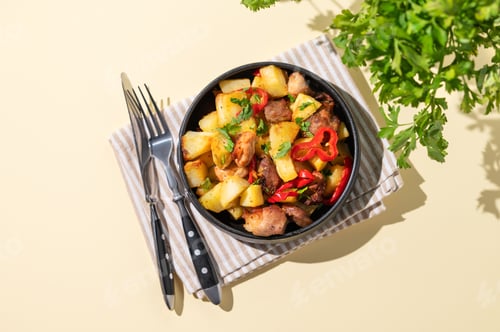 Preview: Fried pork meat with potatoes, onions and peppers. National homemade Georgian dish ojakhuri