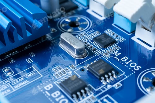 Preview: Electronic circuits in technology concept. Motherboard computer background. Microchip digital data