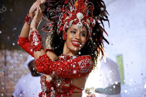 Preview: Cropped shot of an attractive ethnic female wearing traditional Mardi Gras wear