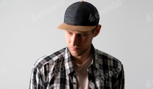 Preview: male person wearing blank simple baseball snapback hat mockup copy space template