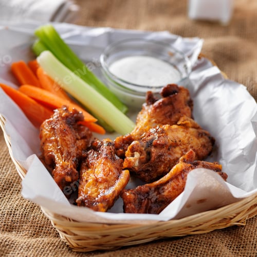Preview: bbq buffalo chicken wings in basket, with ranch dip, carrot and celery sticks