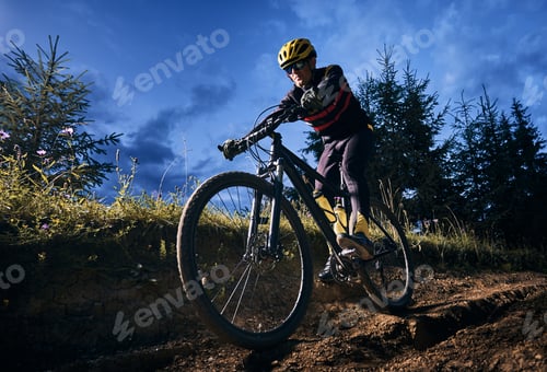 Preview: Cheerful male cyclist riding bicycle at night.