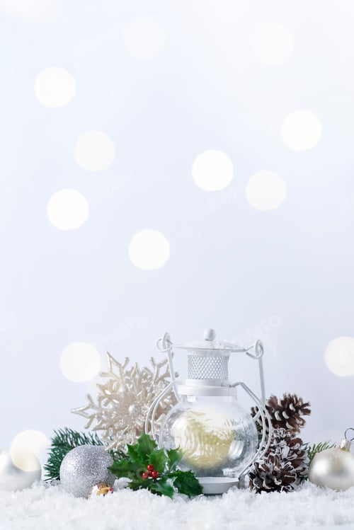 Preview: Christmas lantern on snow with fir branch and winter decoration on white