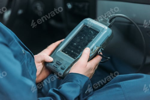 Preview: Cropped shot of automechanic using a car diagnostic tool in a service workshop.