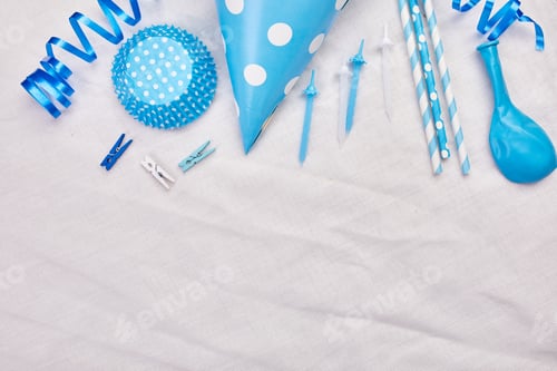 Preview: Birthday or party boy greeting card, blue festival items, party.