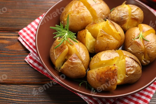 Preview: Tasty baked potatoes with rosemary served on wooden table, closeup