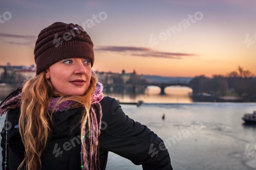 Preview: Italian tourist at sunset on Charles bridge Prague