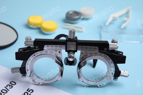 Preview: Trial frame with different ophthalmologist tools on light blue background, closeup