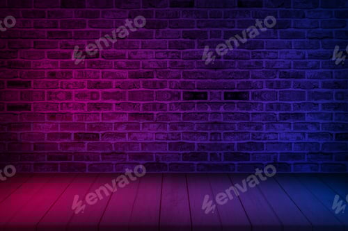 Preview: Neon light on brick wall texture background. Lighting effect red and blue neon background