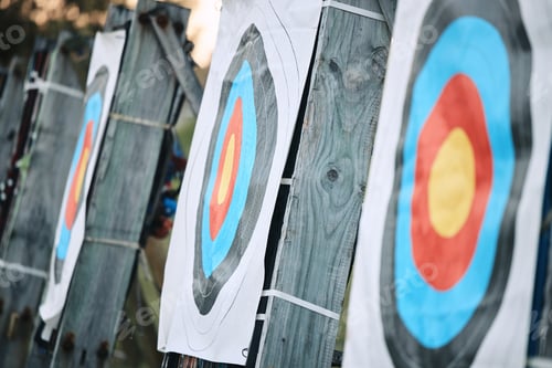 Preview: Bullseye target paper, outdoor and field at shooting range for weapon training, aim and accuracy. S