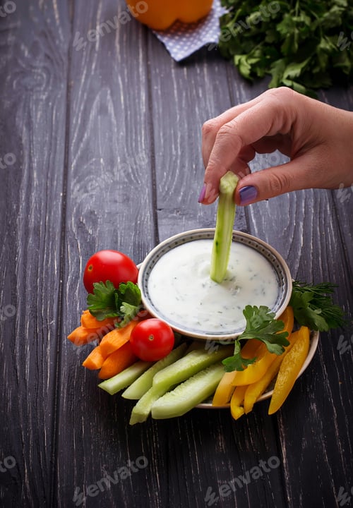 Preview: Fresh vegetables stick and yogurt dip