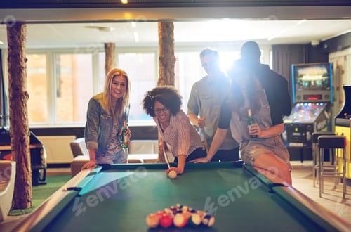 Preview: Friends in game room playing pool
